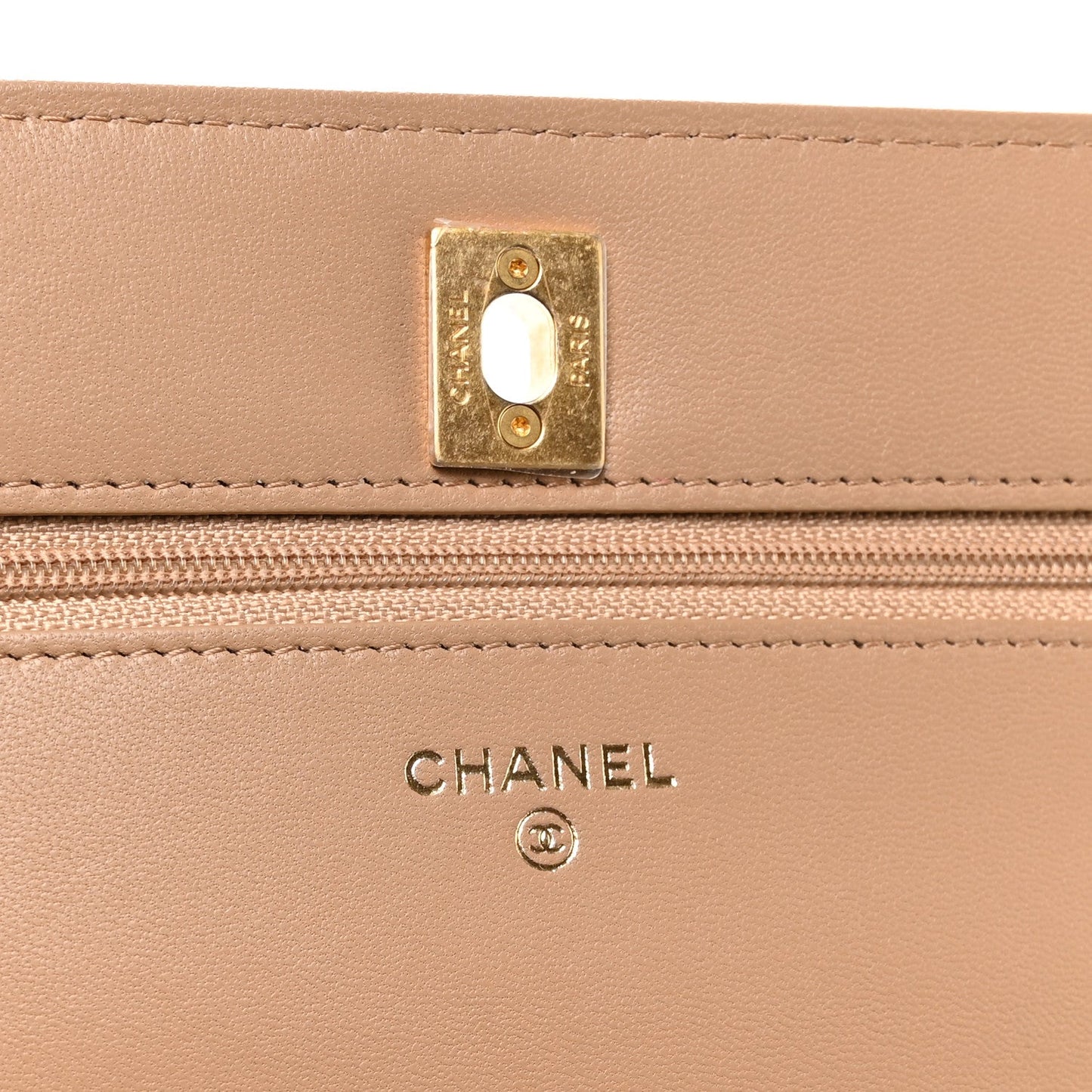 Lambskin Quilted CC Pearl Crush Wallet on Chain WOC Beige