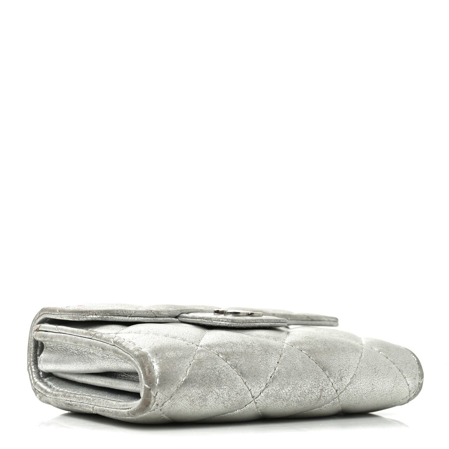 Metallic Lambskin Quilted Flap Card Holder Wallet Silver