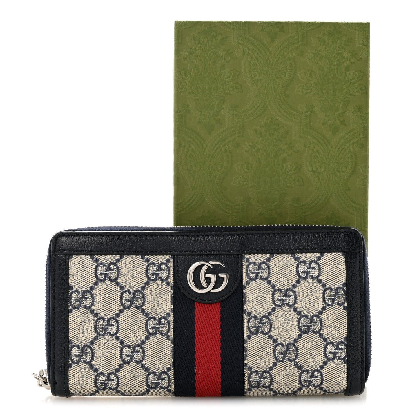 GG Supreme Monogram Textured Dollar Calfskin Web Ophidia Zip Around Wallet Beige Blue