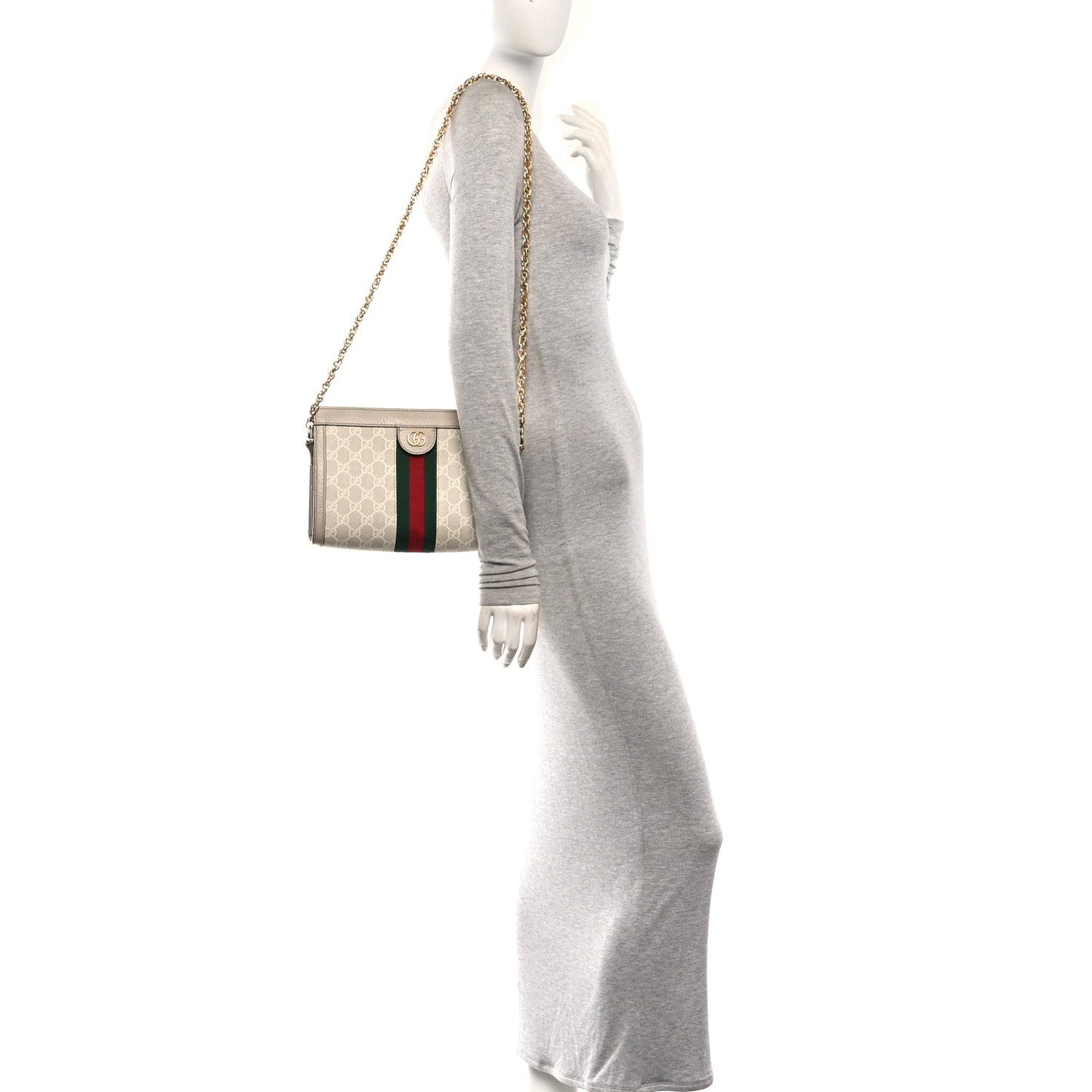 GG Supreme Monogram Textured Dollar Calfskin Web Small Ophidia Chain Shoulder Bag Beige Mystic White Oatmeal