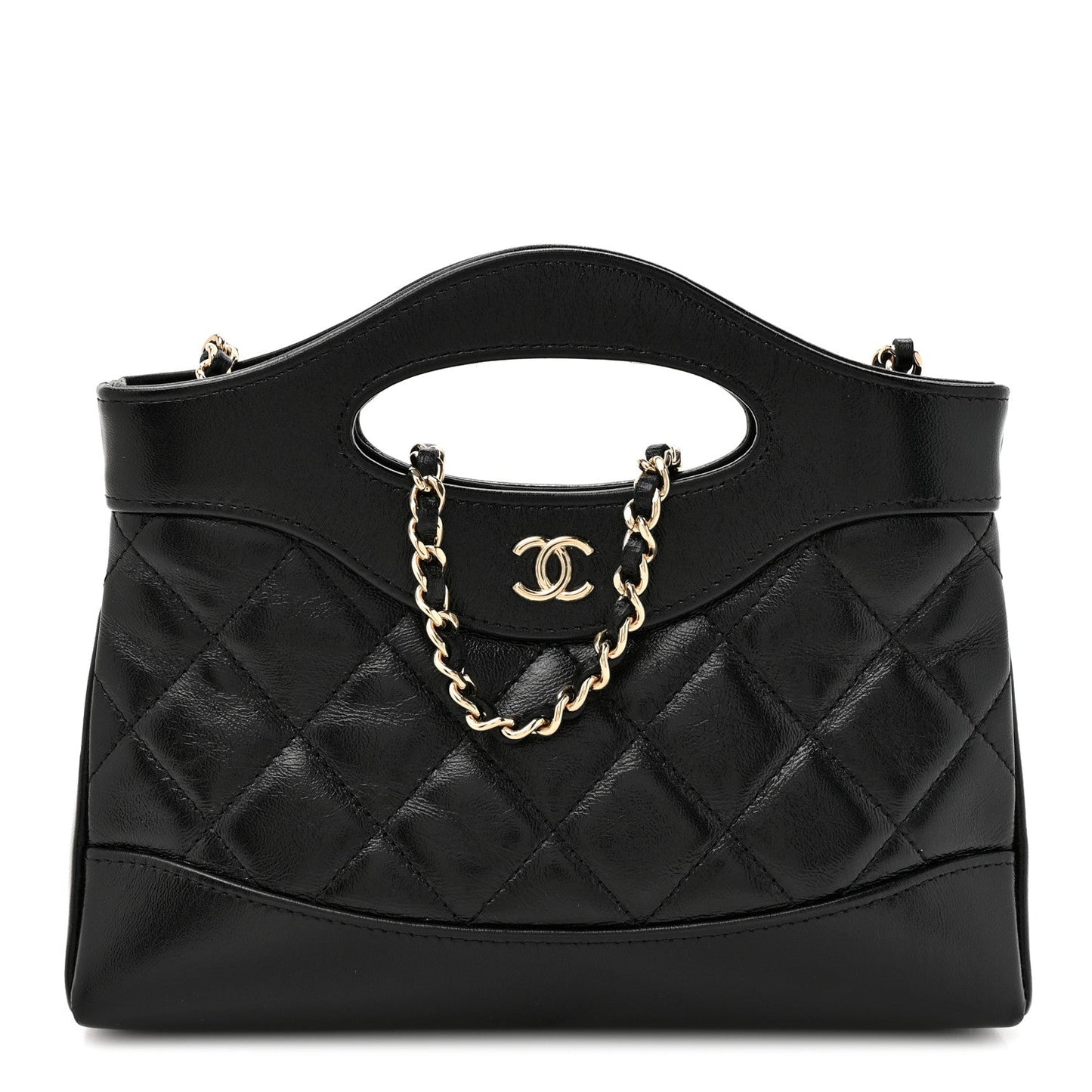Shiny Crumpled Calfskin Quilted Nano 31 Shopping Bag Black