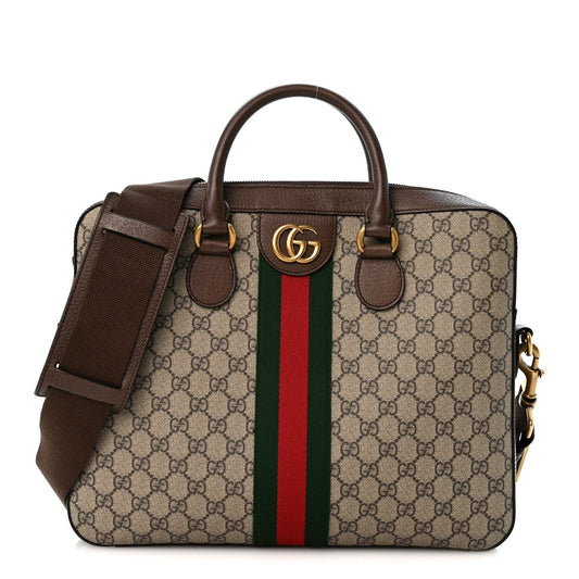 GG Supreme Monogram Textured Calfskin Web Medium Ophidia Briefcase Beige Ebony New Acero