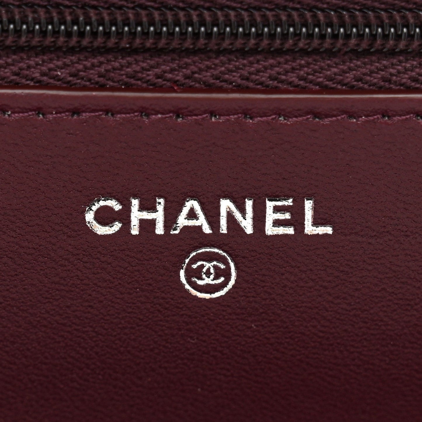 Lambskin Quilted Enamel CC Wallet On Chain WOC Burgundy