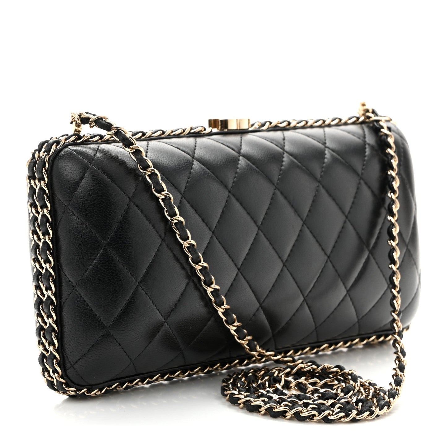 Lambskin Quilted Chain Around Clutch Black