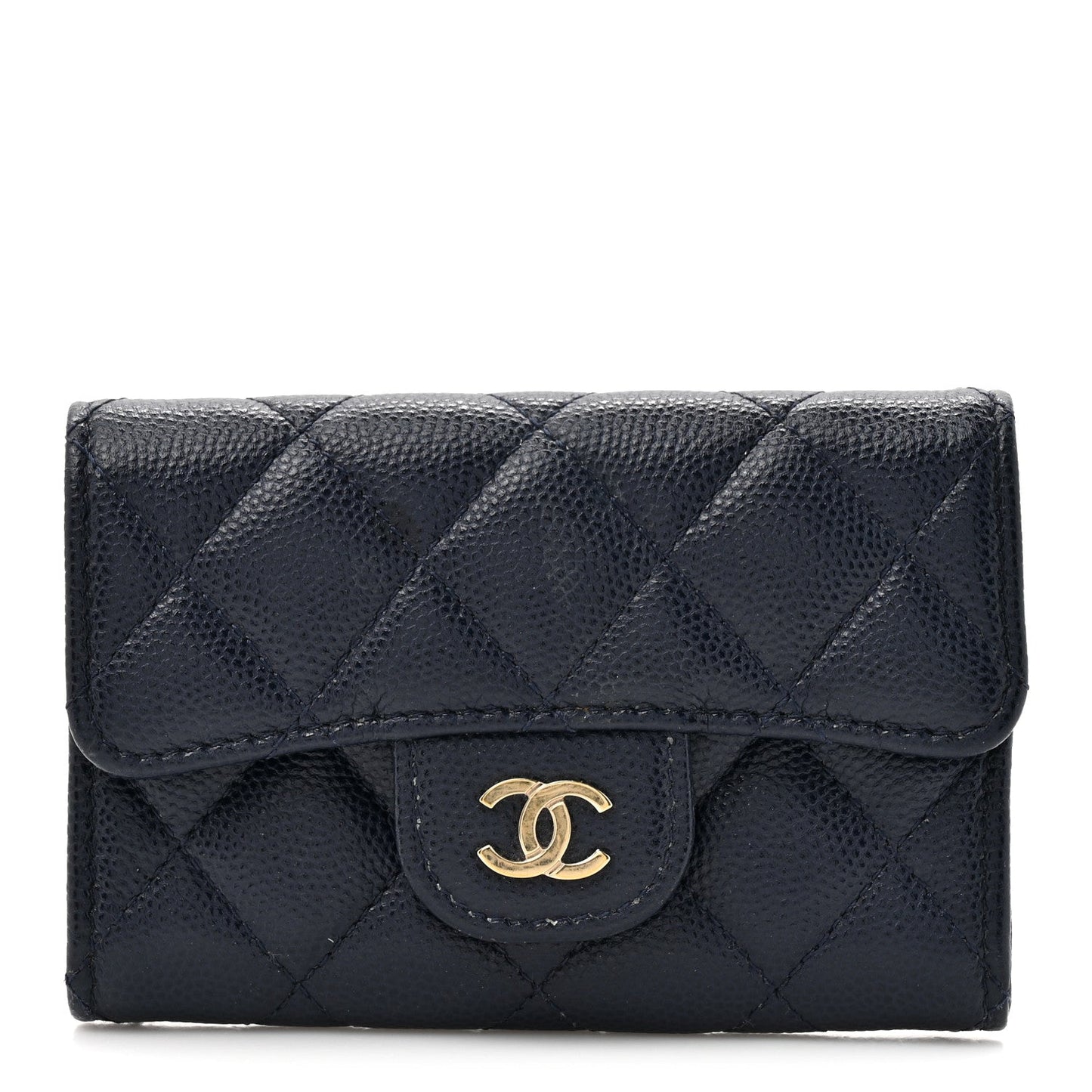 Caviar Quilted Flap Card Holder Wallet Navy Blue