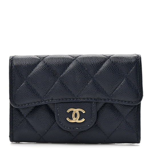 Caviar Quilted Flap Card Holder Wallet Navy Blue