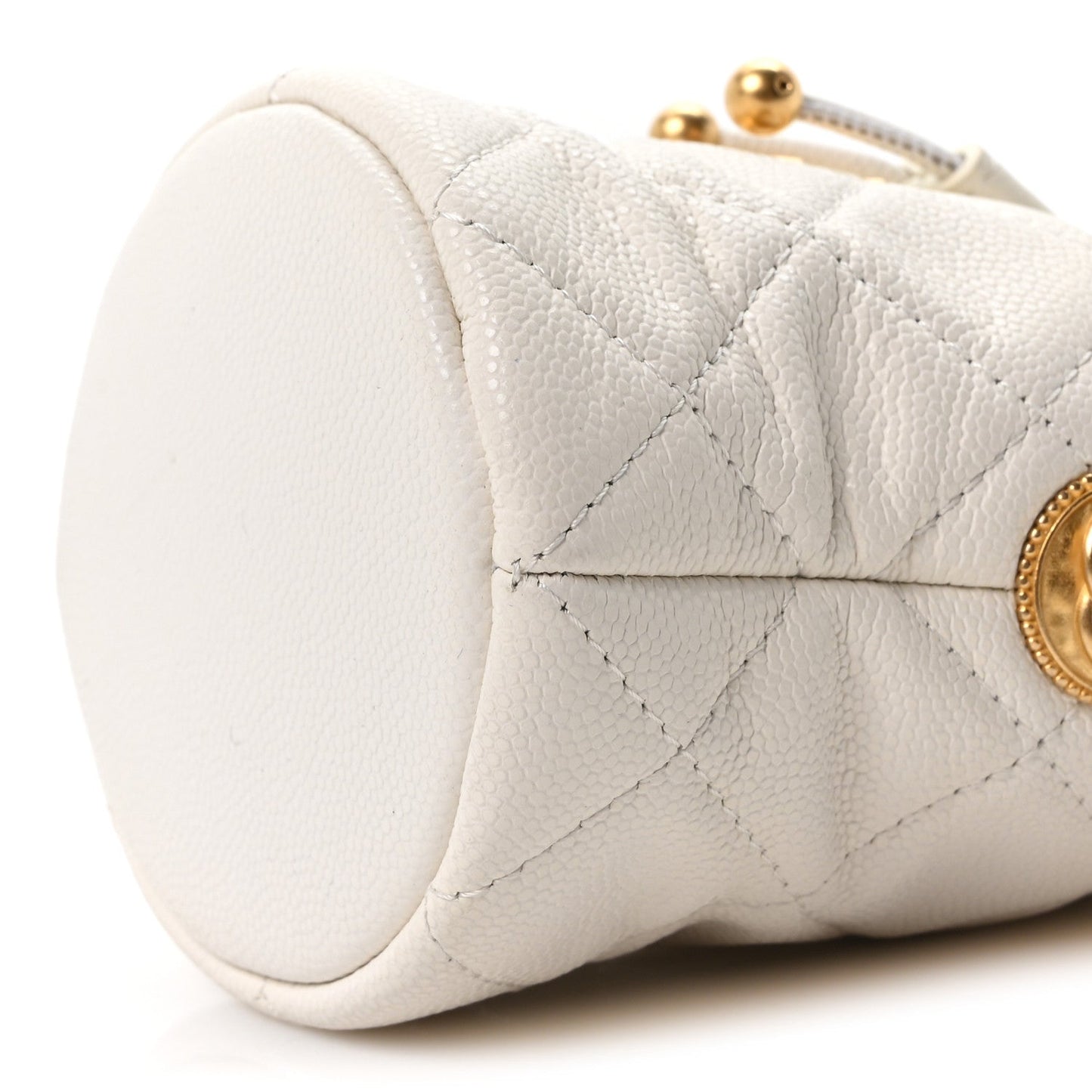 Caviar Quilted Twist Your Buttons Mini Bucket Bag White