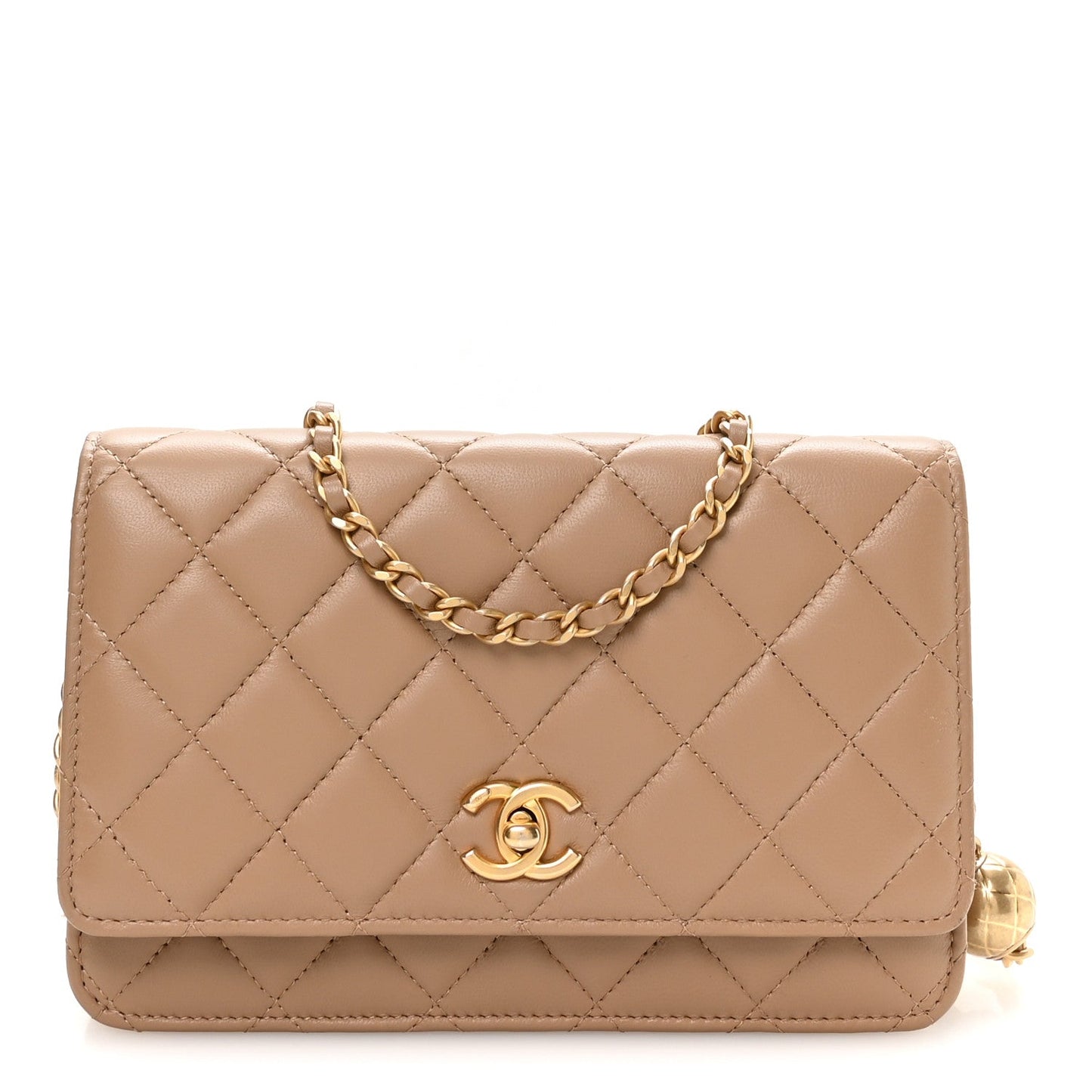 Lambskin Quilted CC Pearl Crush Wallet on Chain WOC Beige