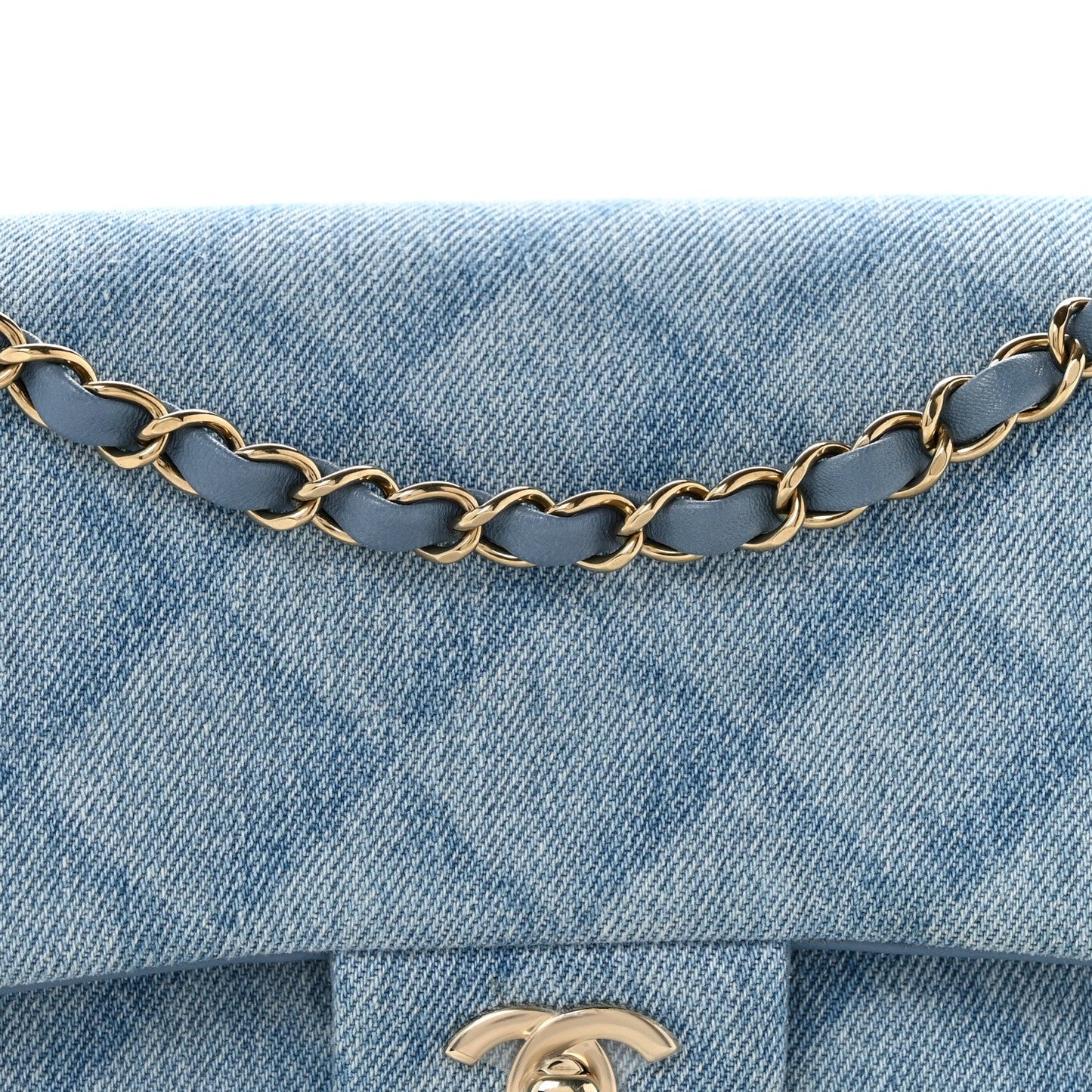 Printed Denim Quilted Medium Double Flap Light Blue