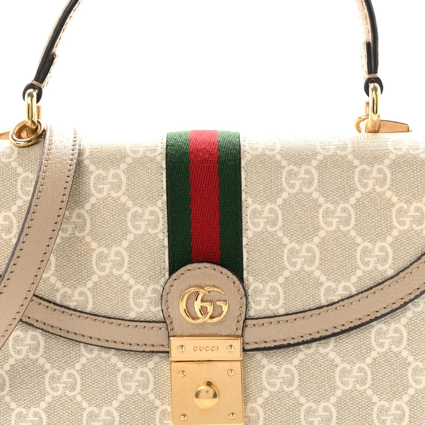 GG Supreme Monogram Textured Dollar Calfskin Web Small Ophidia Padlock Top Handle Bag Beige Mystic White Oatmeal