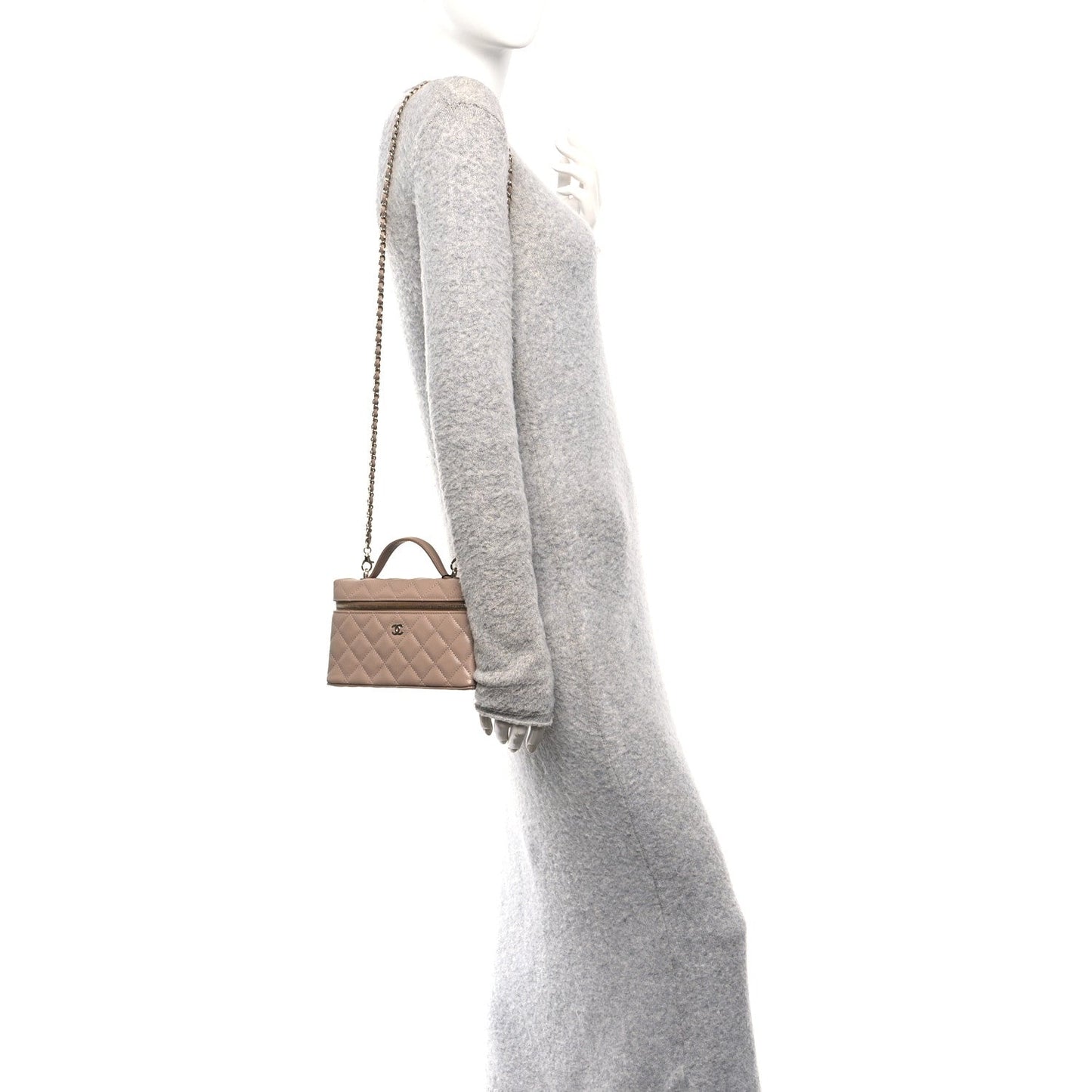 Caviar Quilted Top Handle Slim Vanity With Chain Dark Beige
