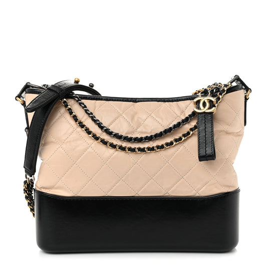 Aged Calfskin Quilted Medium Gabrielle Hobo Beige Black