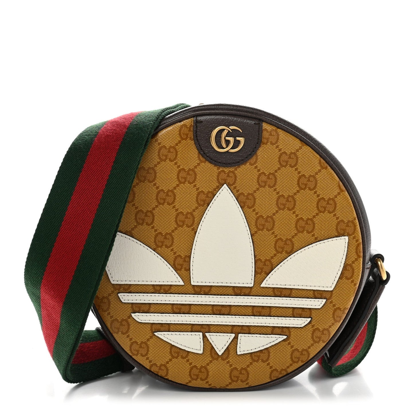 X ADIDAS Crystal Vintage Monogram Textured Dollar Calfskin Web Trefoil Small Ophidia Round Shoulder Bag Mid Natural Nut Off White New Acero
