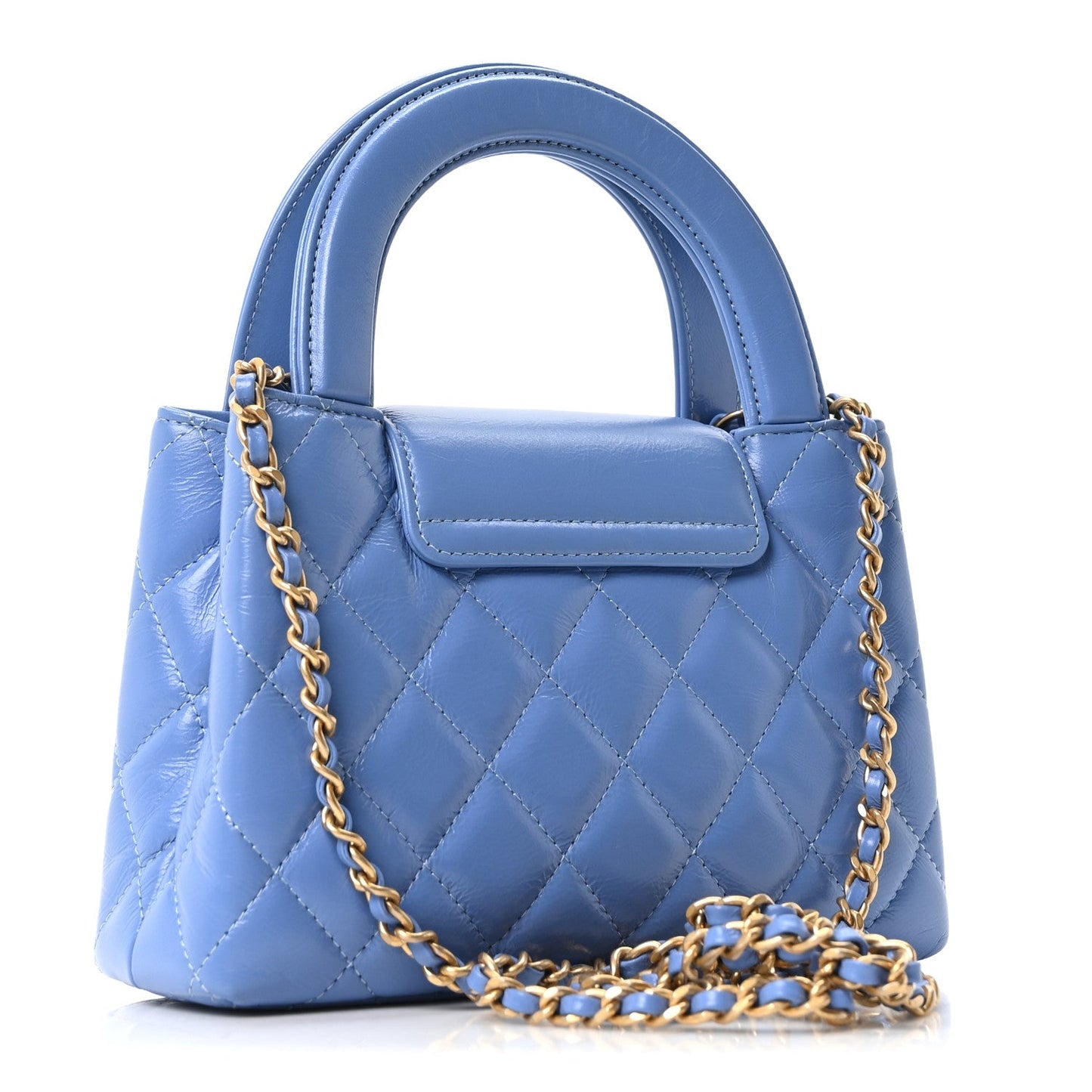 Shiny Aged Calfskin Quilted Nano Kelly Shopper Blue