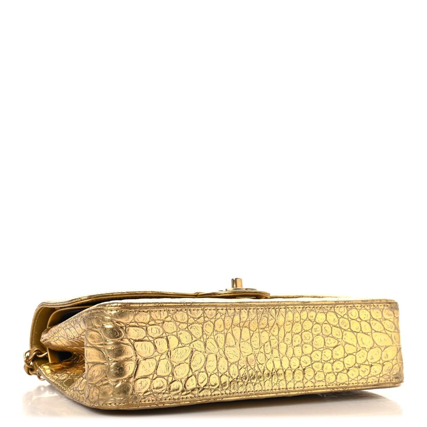 Metallic Calfskin Crocodile Embossed Cocodile Medium Double Flap Gold
