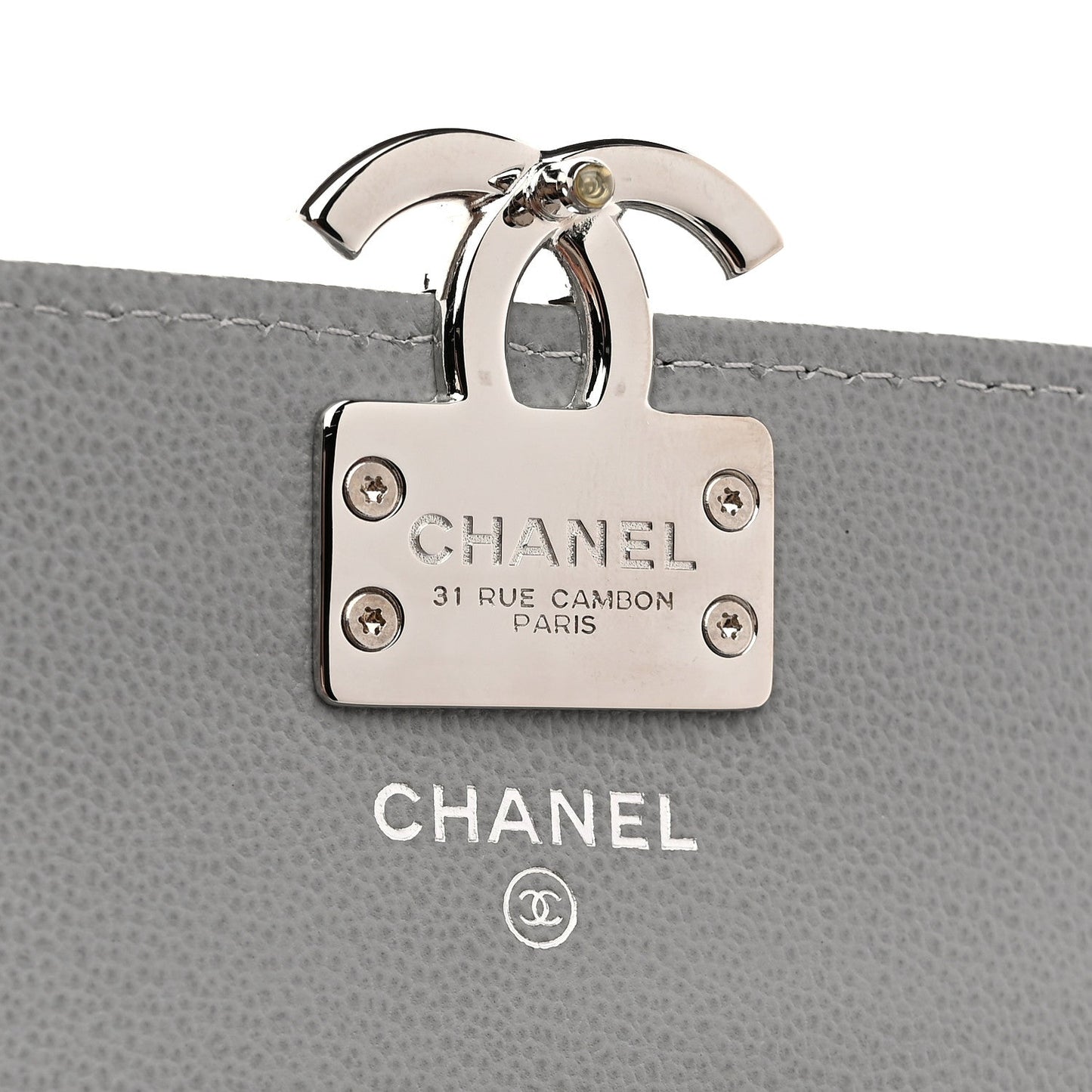 Grained Calfskin Quilted CC Box Flap Wallet Grey