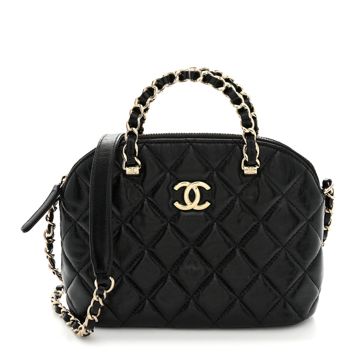 Shiny Lambskin Quilted Shiny Coco Clutch With Chain Black