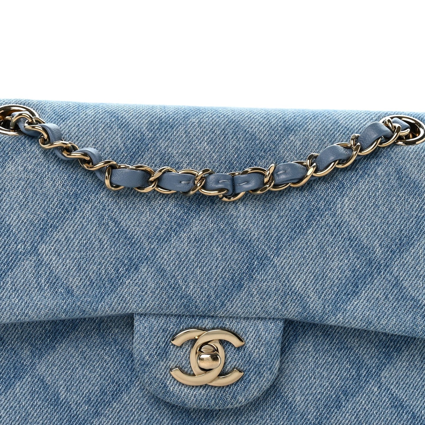 Printed Denim Quilted Small Double Flap Light Blue