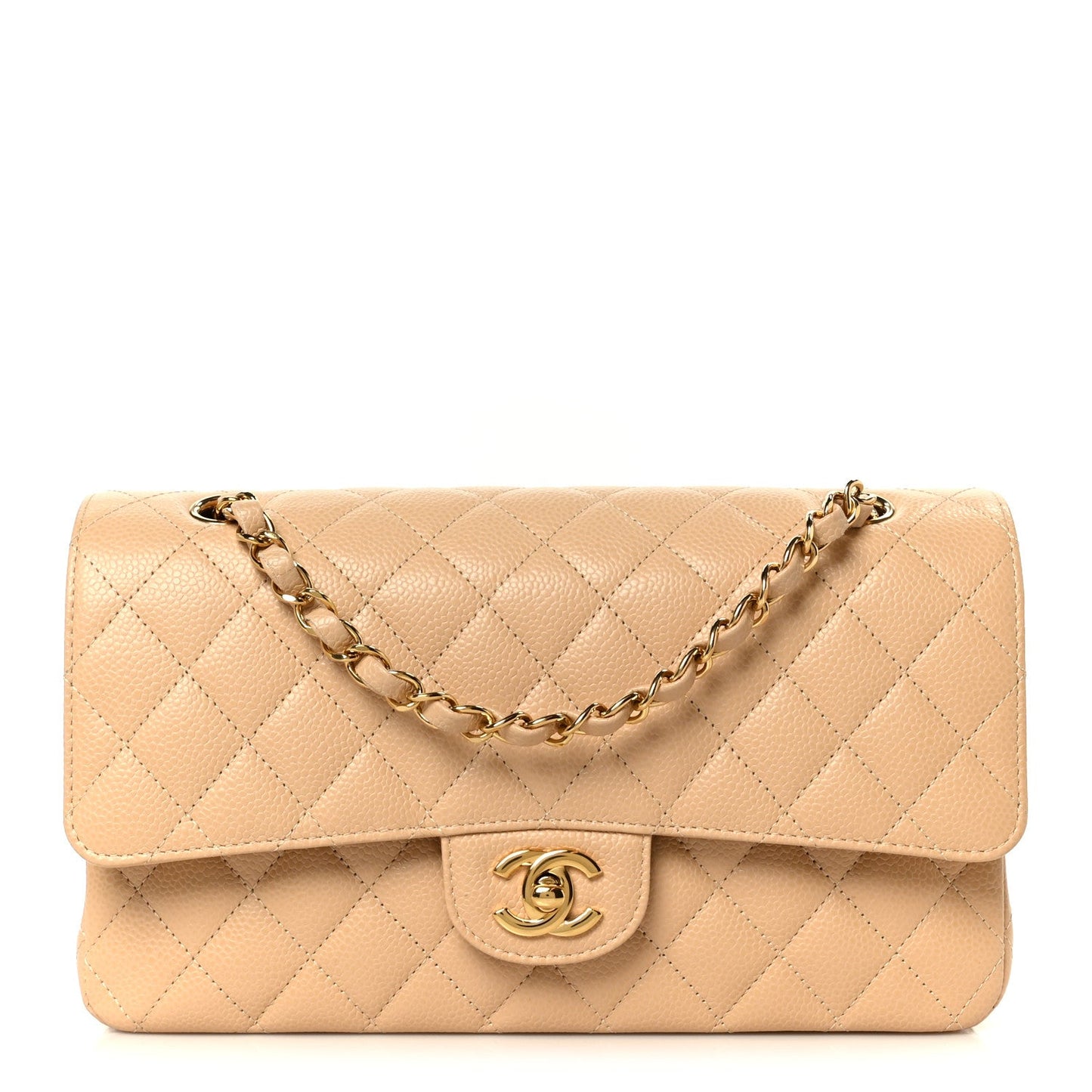 Caviar Quilted Medium Double Flap Beige