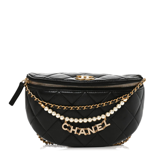 Shiny Lambskin Quilted Pearl Logo Waist Bag Black
