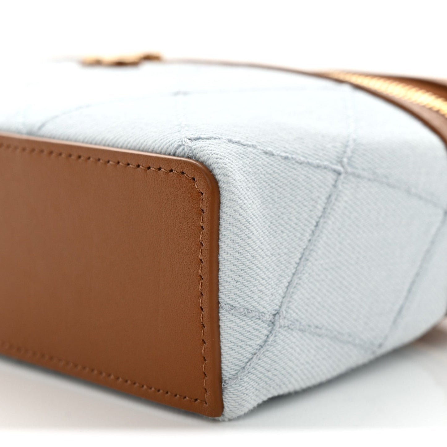 Washed Denim Calfskin Quilted Top Handle Slim Vanity Case With Chain Blue Brown