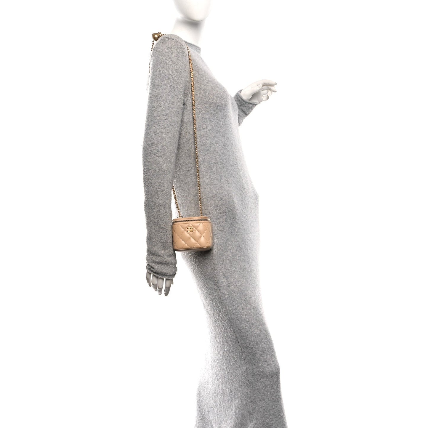 Lambskin Quilted Pearl Crush Mini Vanity Case With Chain Beige