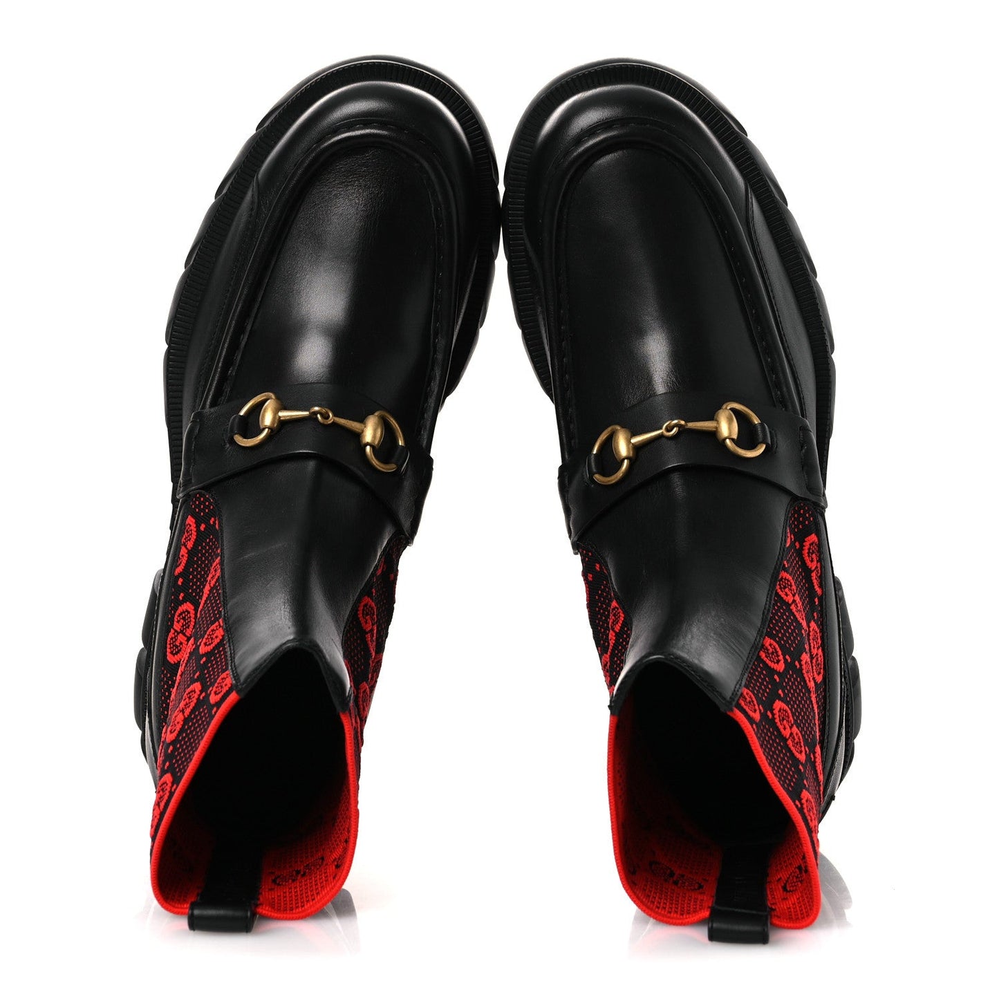 Quebec Calfskin Technical Jersey Knit GG Monogram Mens Horsebit Ankle Boots 11.5 Black Light Hibiscus Red