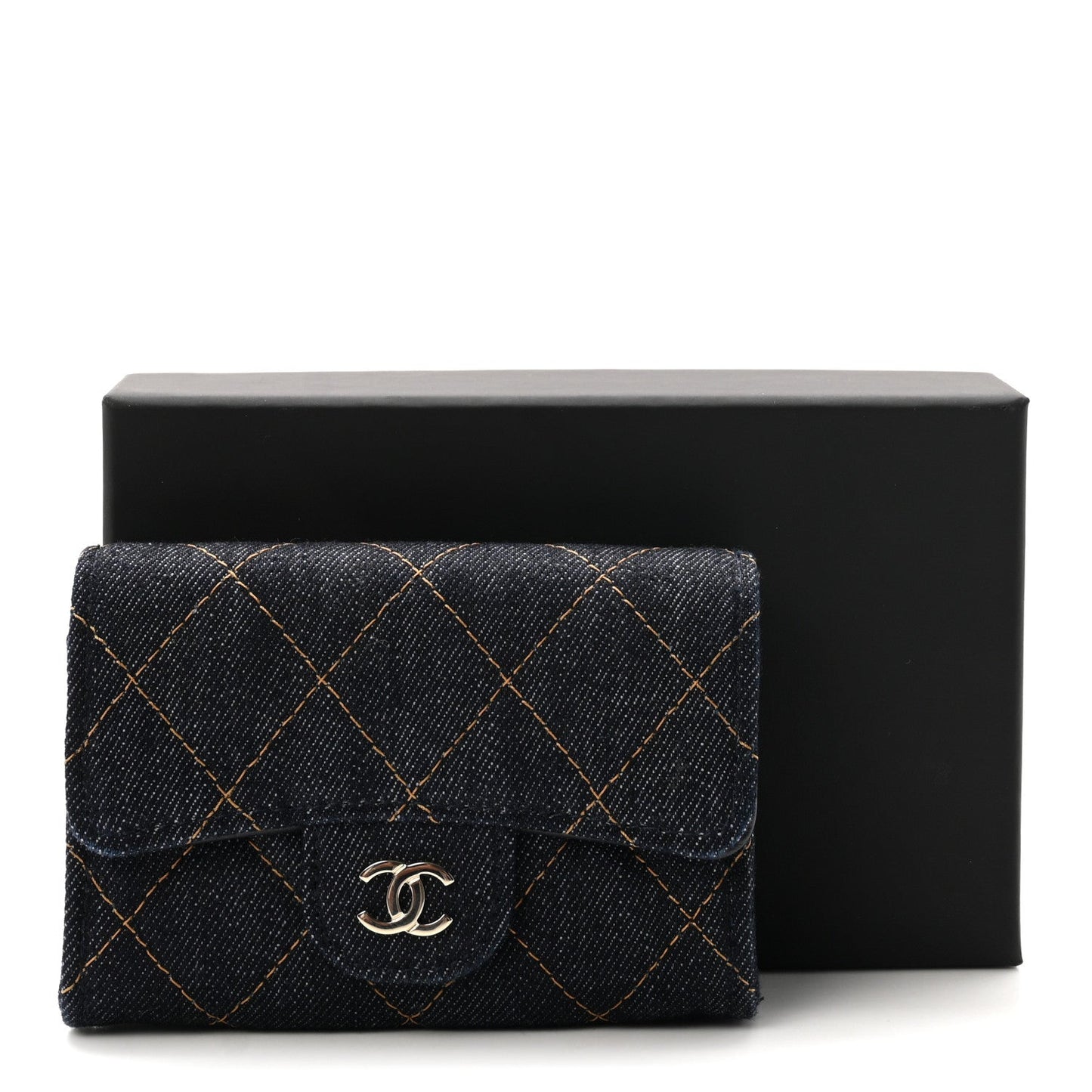Denim Quilted Flap Card Holder Wallet Dark Blue Orange