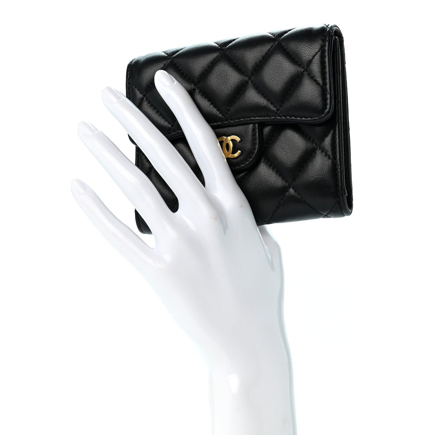 Lambskin Quilted Compact Flap Wallet Black