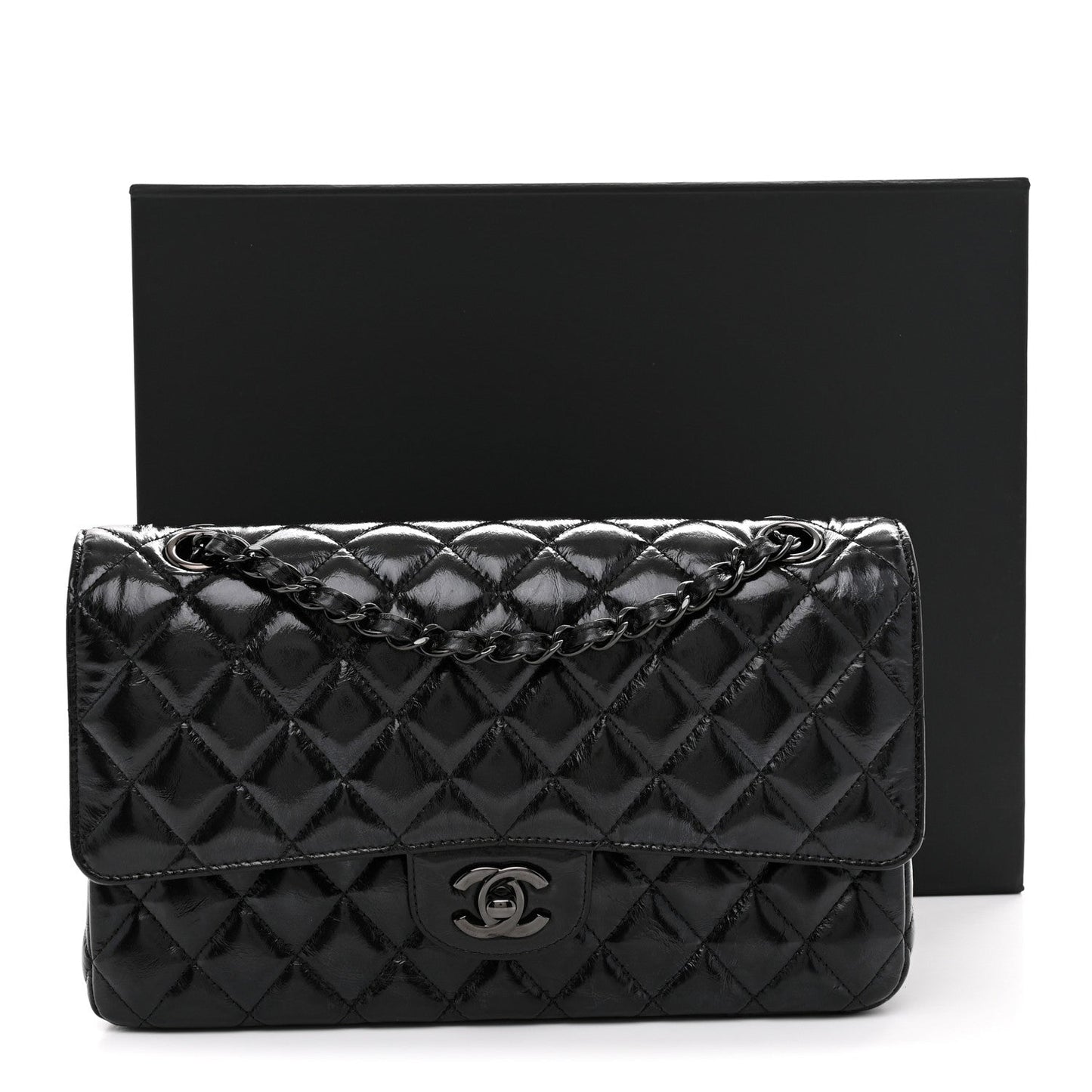 Shiny Crumpled Calfskin Quilted Medium Double Flap So Black
