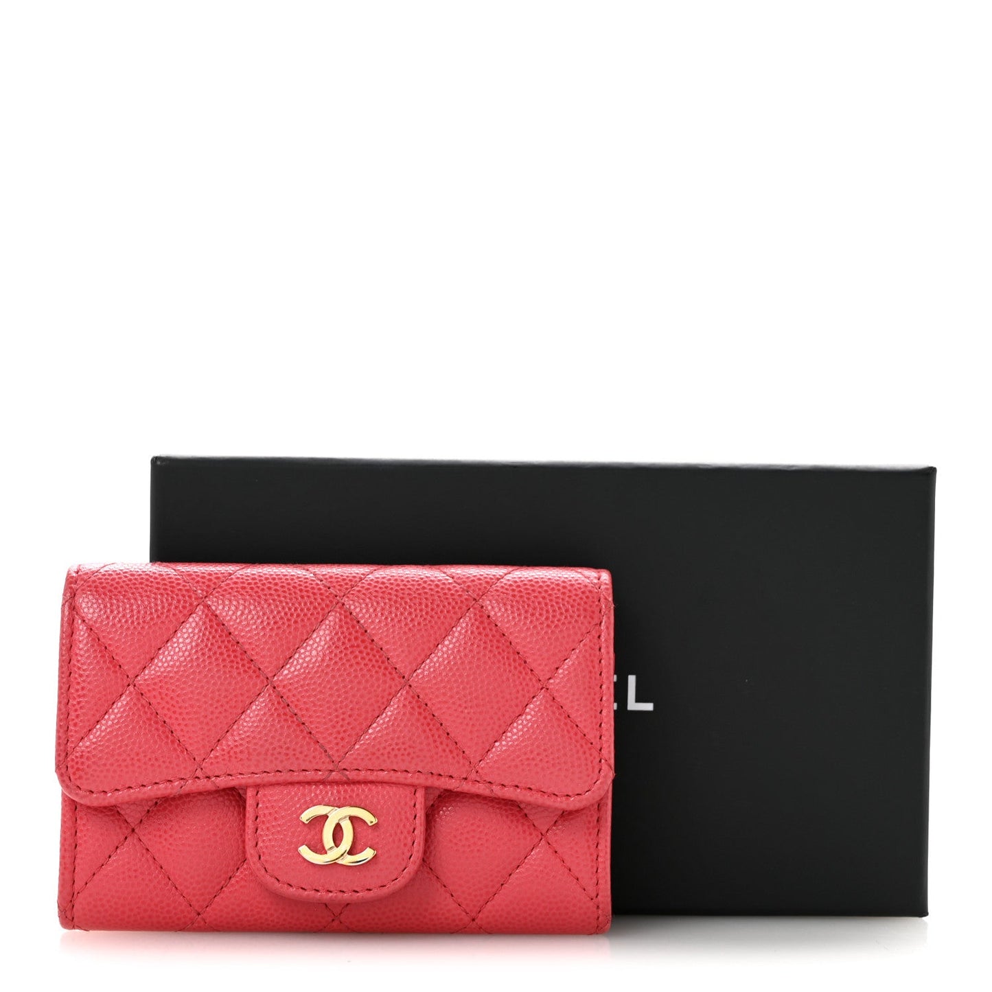 Caviar Quilted Flap Card Holder Wallet Dark Pink