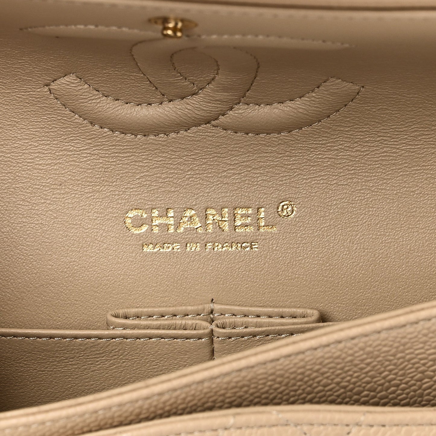 Caviar Quilted Medium Double Flap Beige