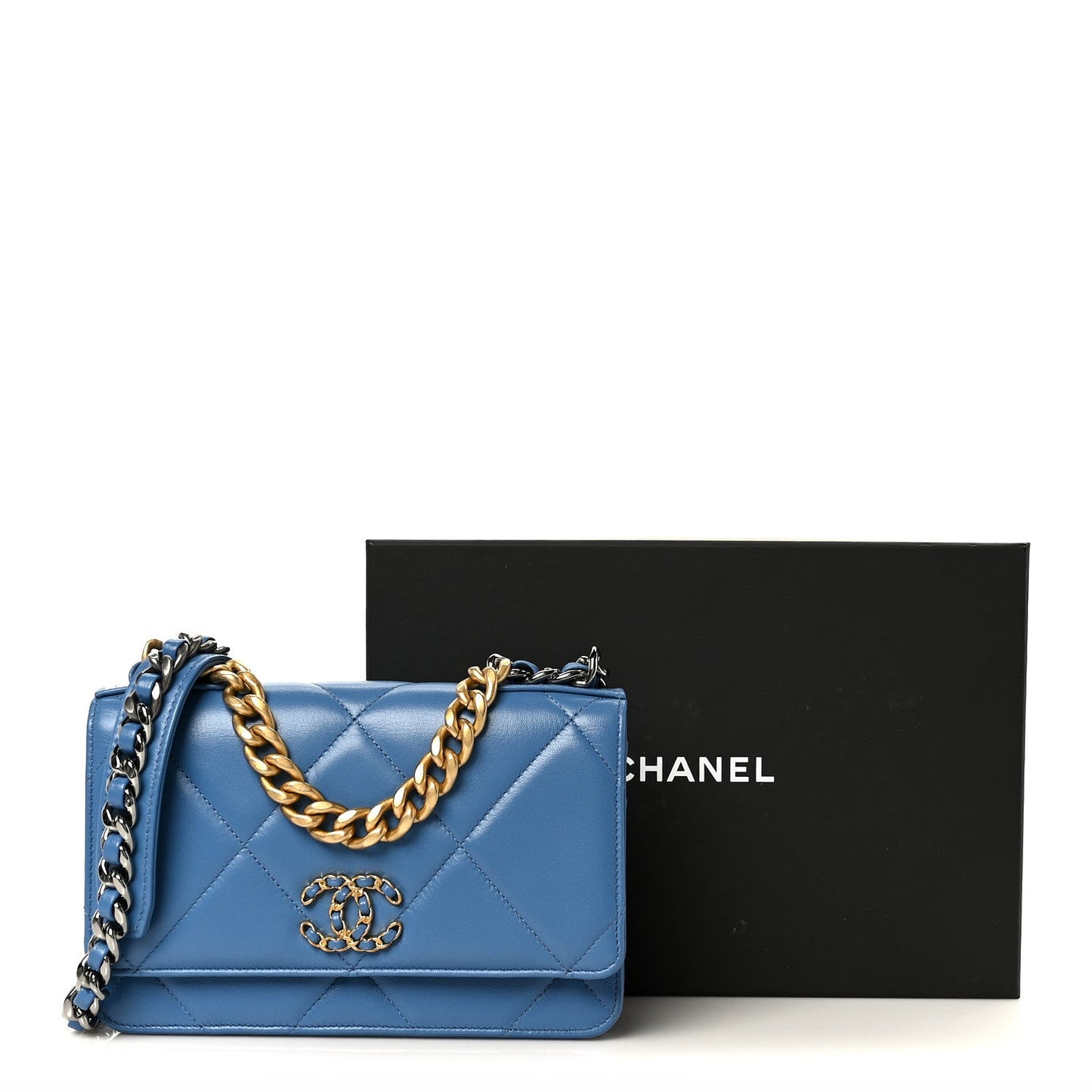 Lambskin Quilted Chanel 19 Wallet On Chain WOC Blue