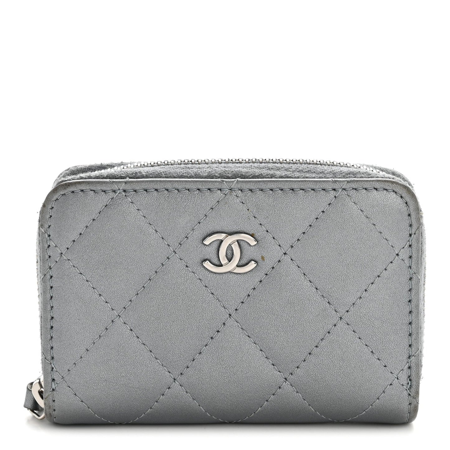 Metallic Lambskin Quilted Zip Around Coin Purse Wallet Silver