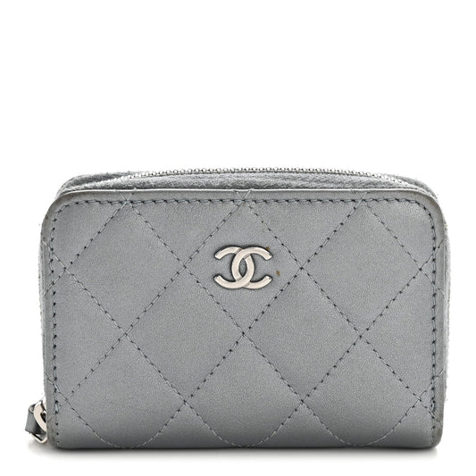 Metallic Lambskin Quilted Zip Around Coin Purse Wallet Silver