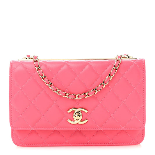 Lambskin Quilted Trendy CC Wallet On Chain WOC Pink