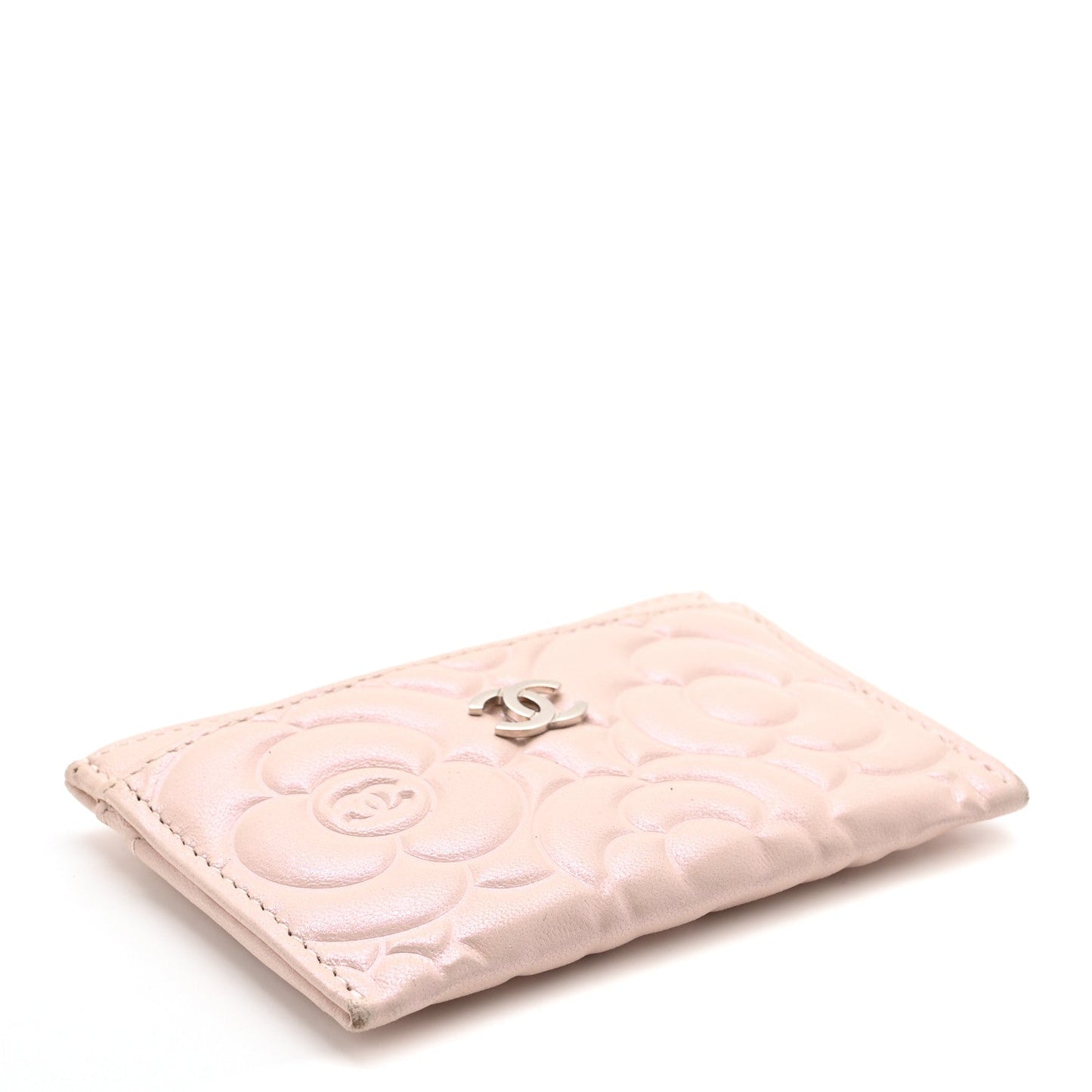 Iridescent Lambskin Camellia Embossed Card Holder Light Pink