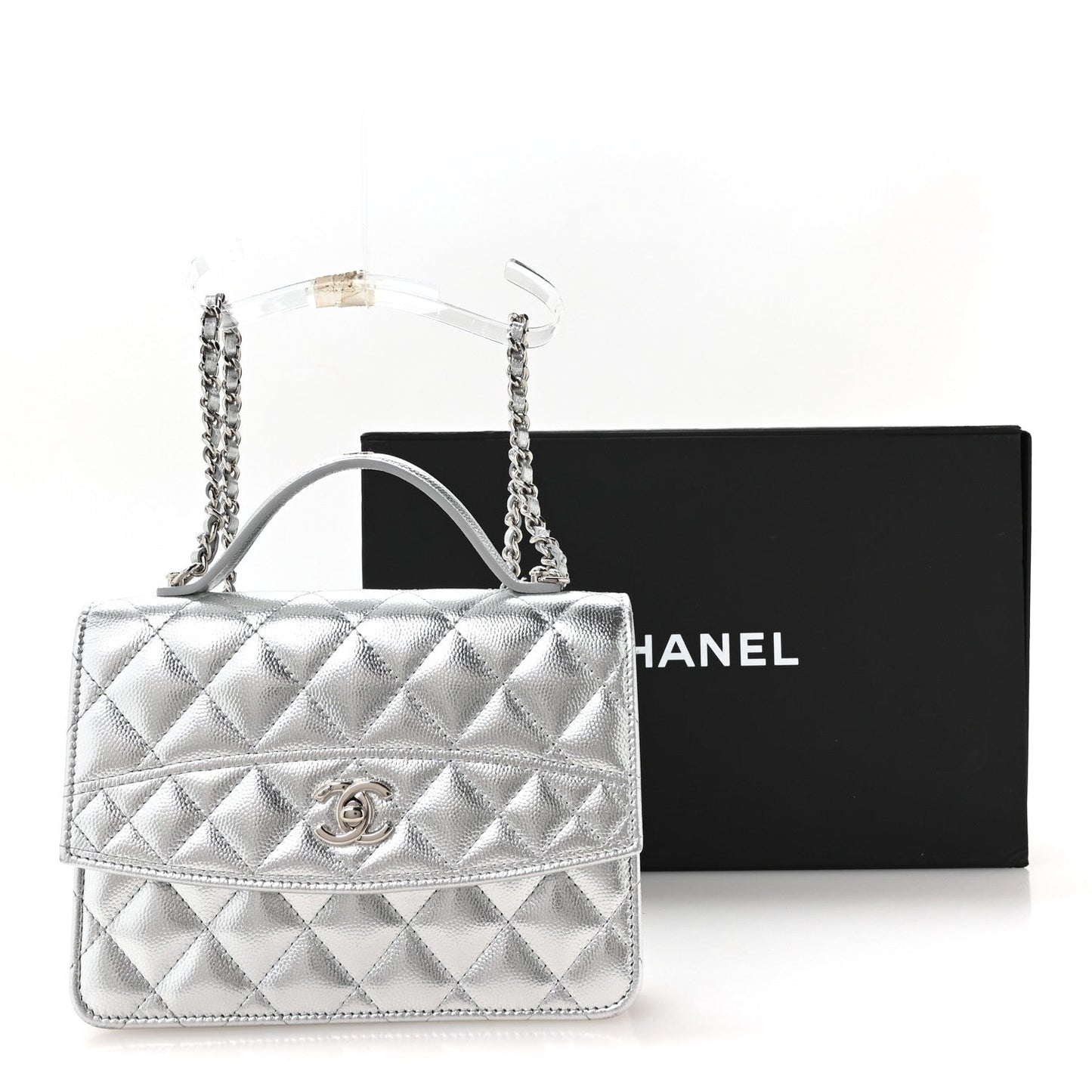 Metallic Caviar Quilted Top Handle Wallet on Chain WOC Silver