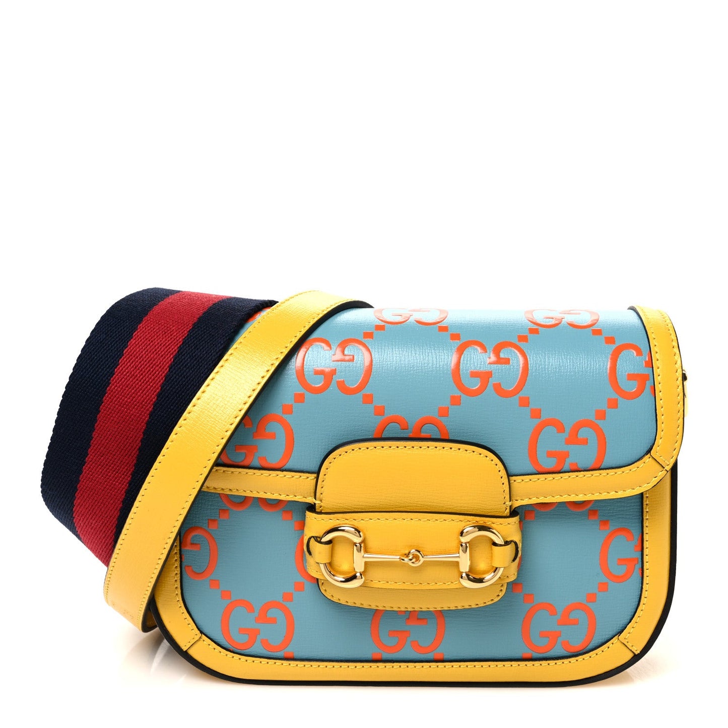 Azalea Calfskin GG Monogram Bi-Color Debossed Mini Horsebit 1955 Shoulder Bag Dusty Azure Stone Topaz Deep Orange