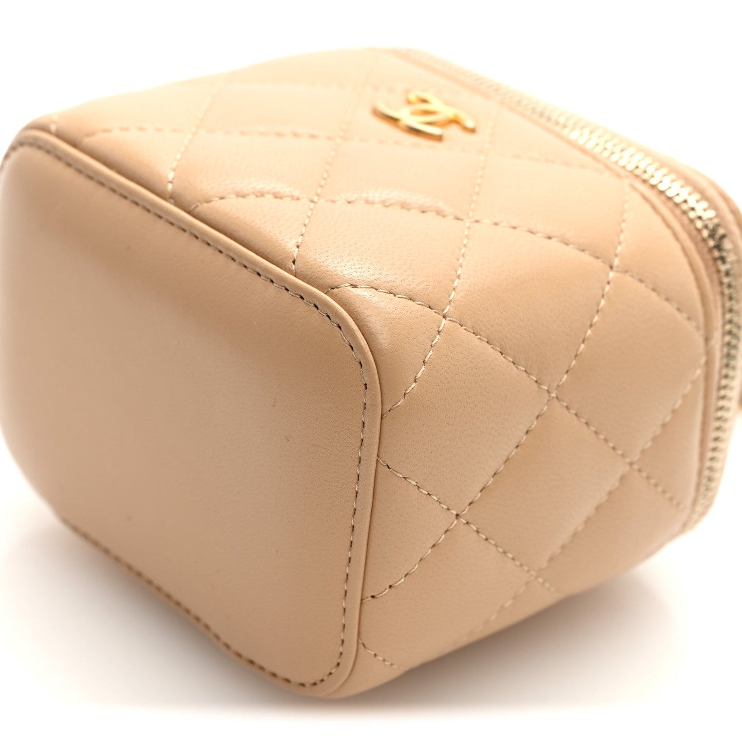 Lambskin Quilted Pearl Crush Mini Vanity Case With Chain Beige
