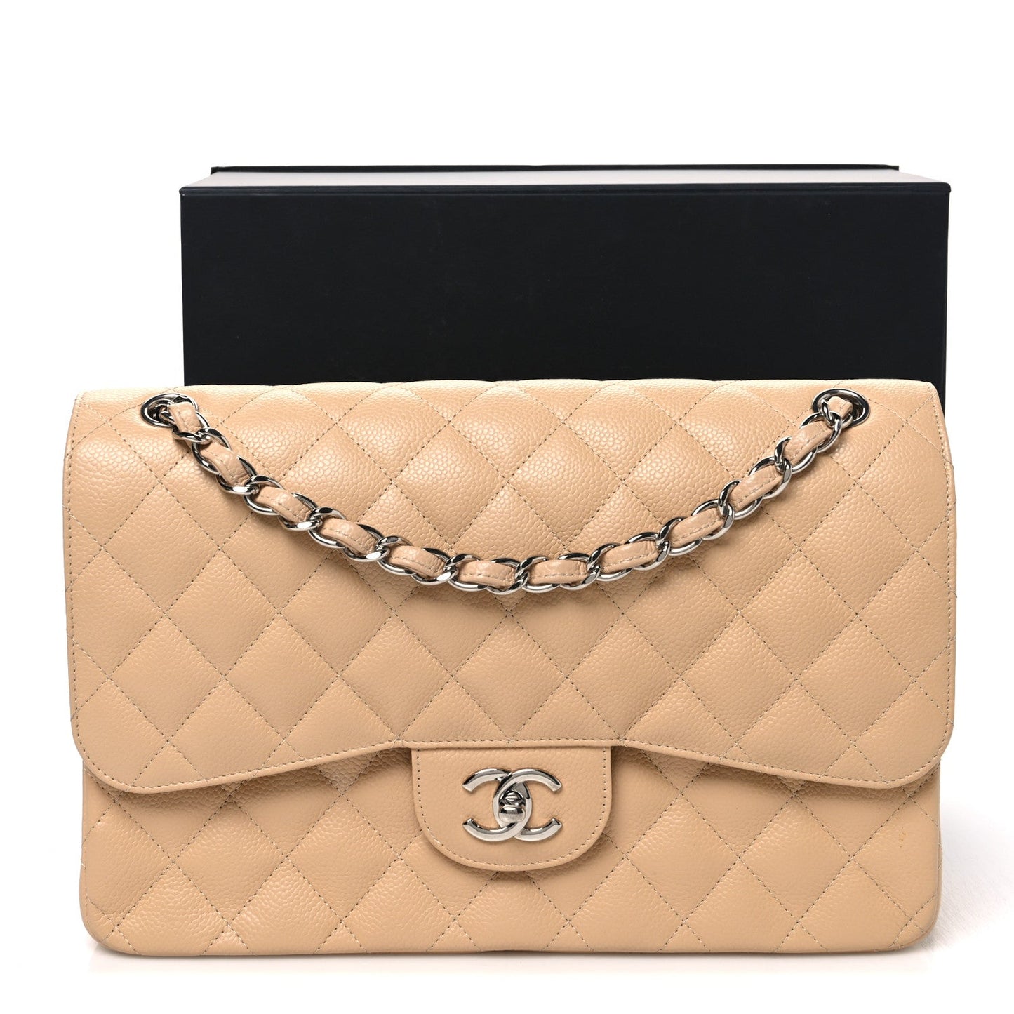 Caviar Quilted Jumbo Double Flap Beige