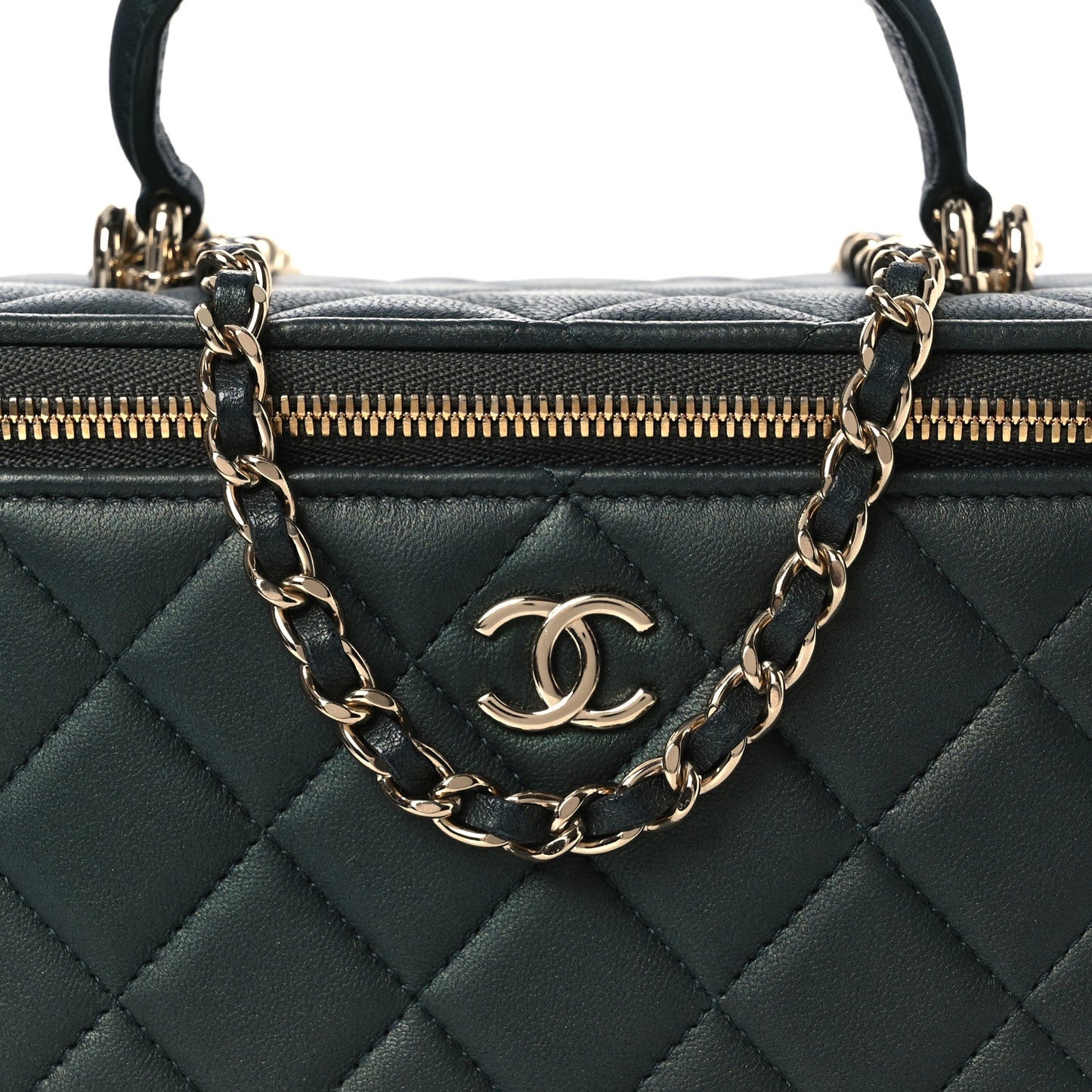 Iridescent Lambskin Quilted Small Top Handle Vanity Case With Chain Green