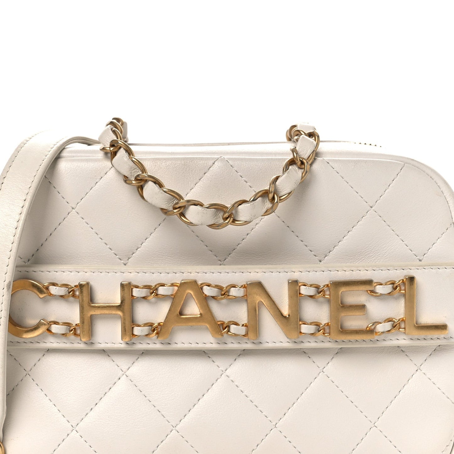 Calfskin Quilted Enchained Camera Case Bag White