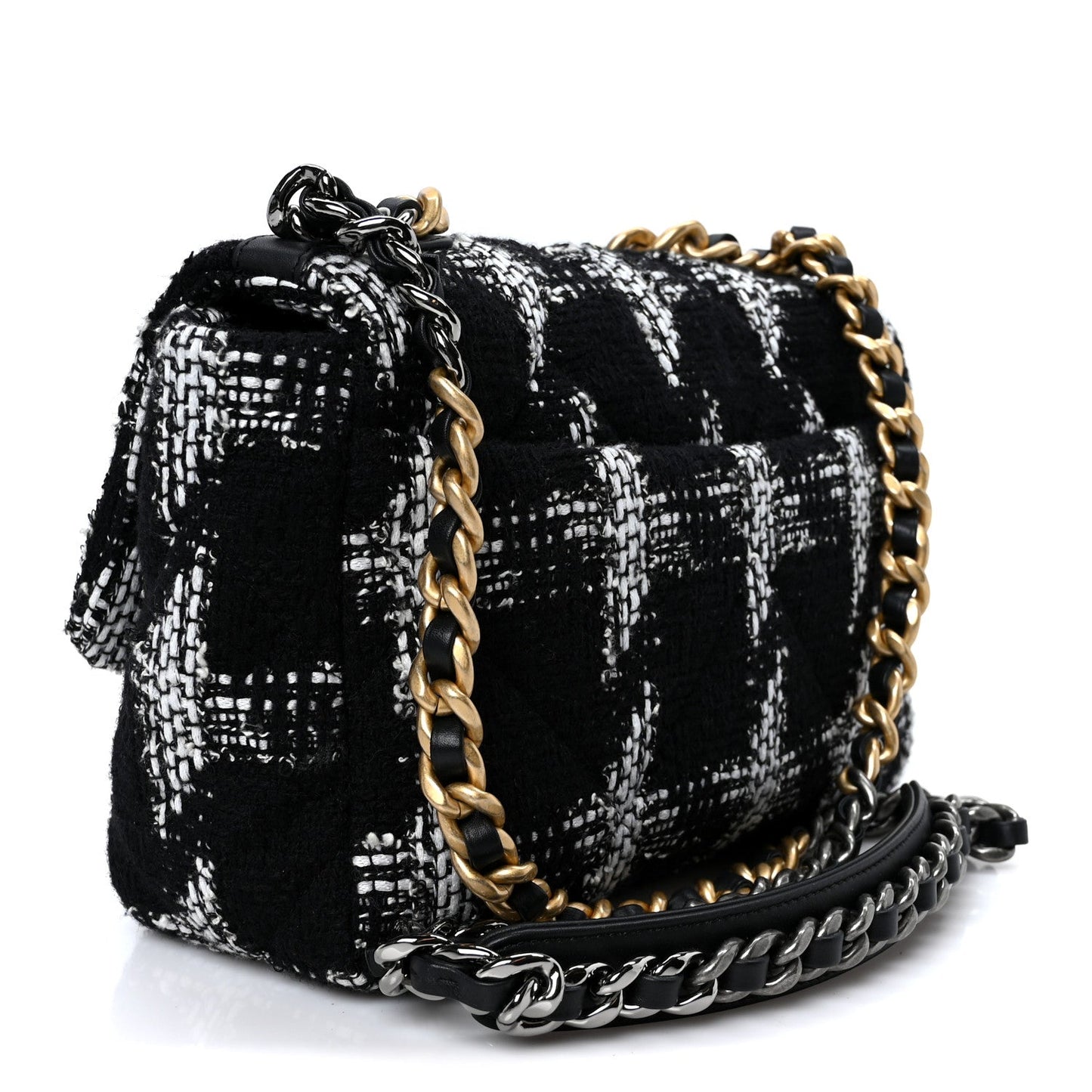 Tweed Quilted Medium Chanel 19 Flap Black White
