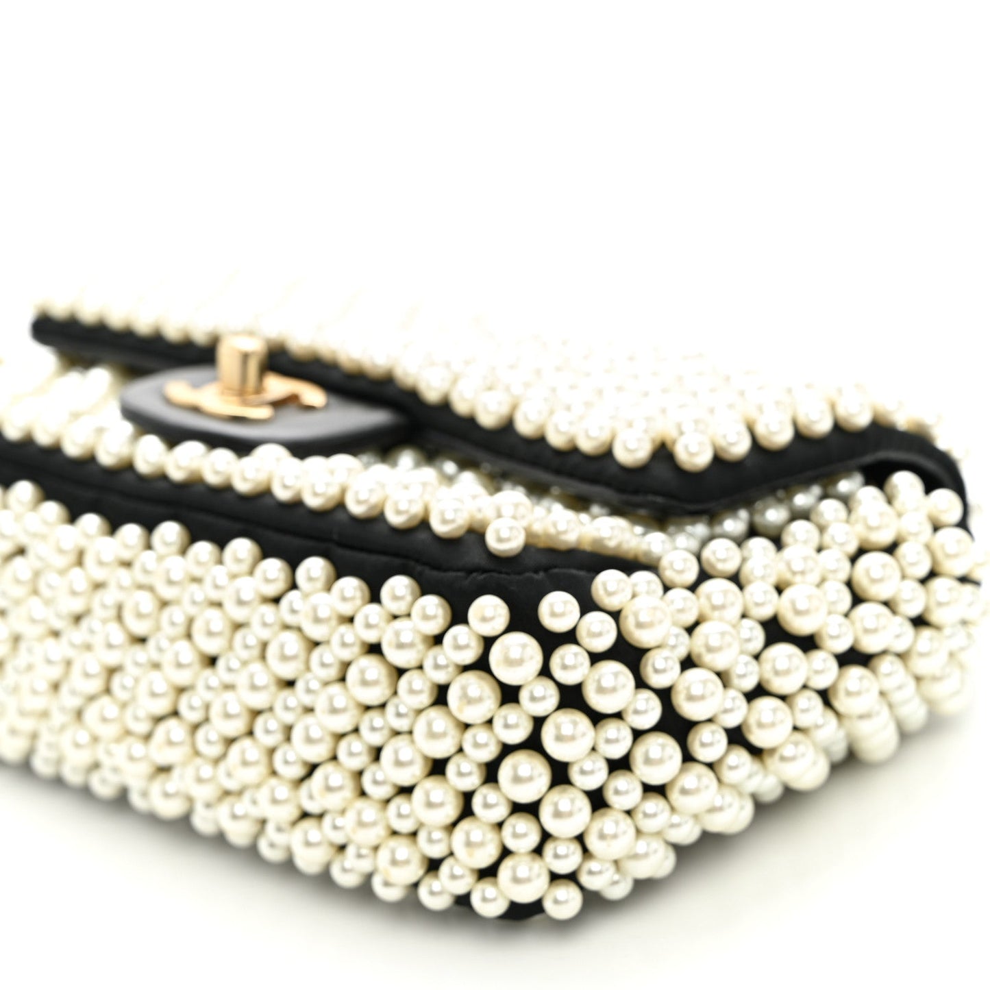 Satin Lambskin Pearl On Mini Rectangular Flap Black