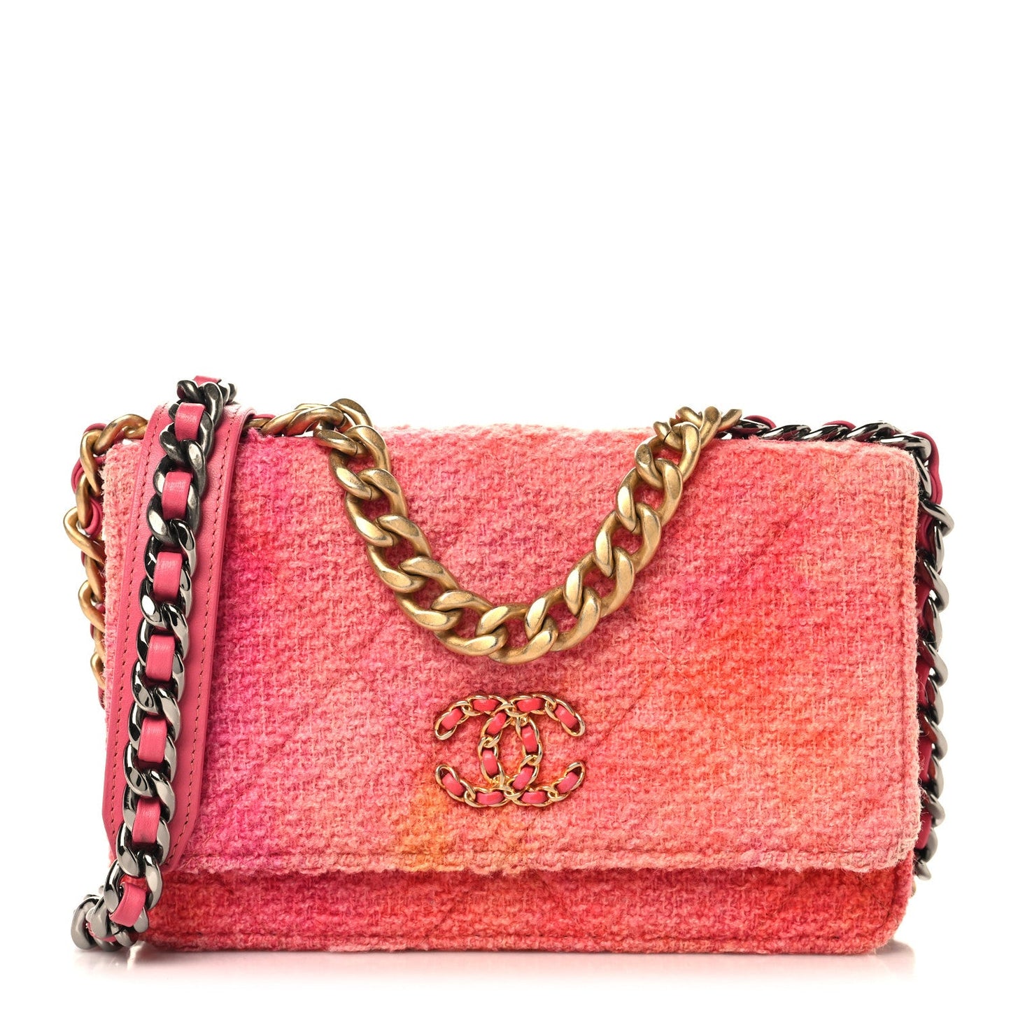 Wool Tweed Lambskin Quilted Chanel 19 Wallet On Chain WOC Coral Pink