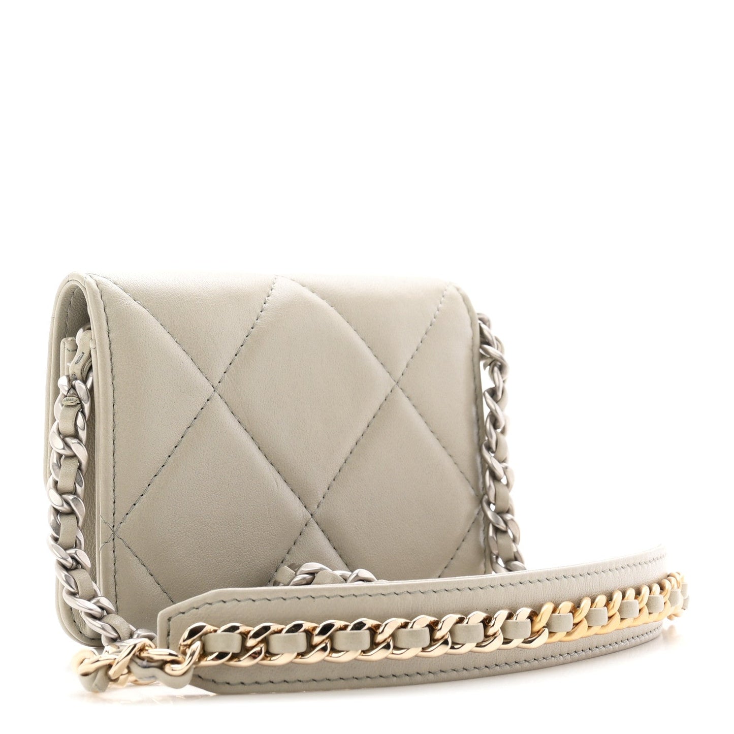 Lambskin Quilted Chanel 19 Flap Coin Purse With Chain Grey