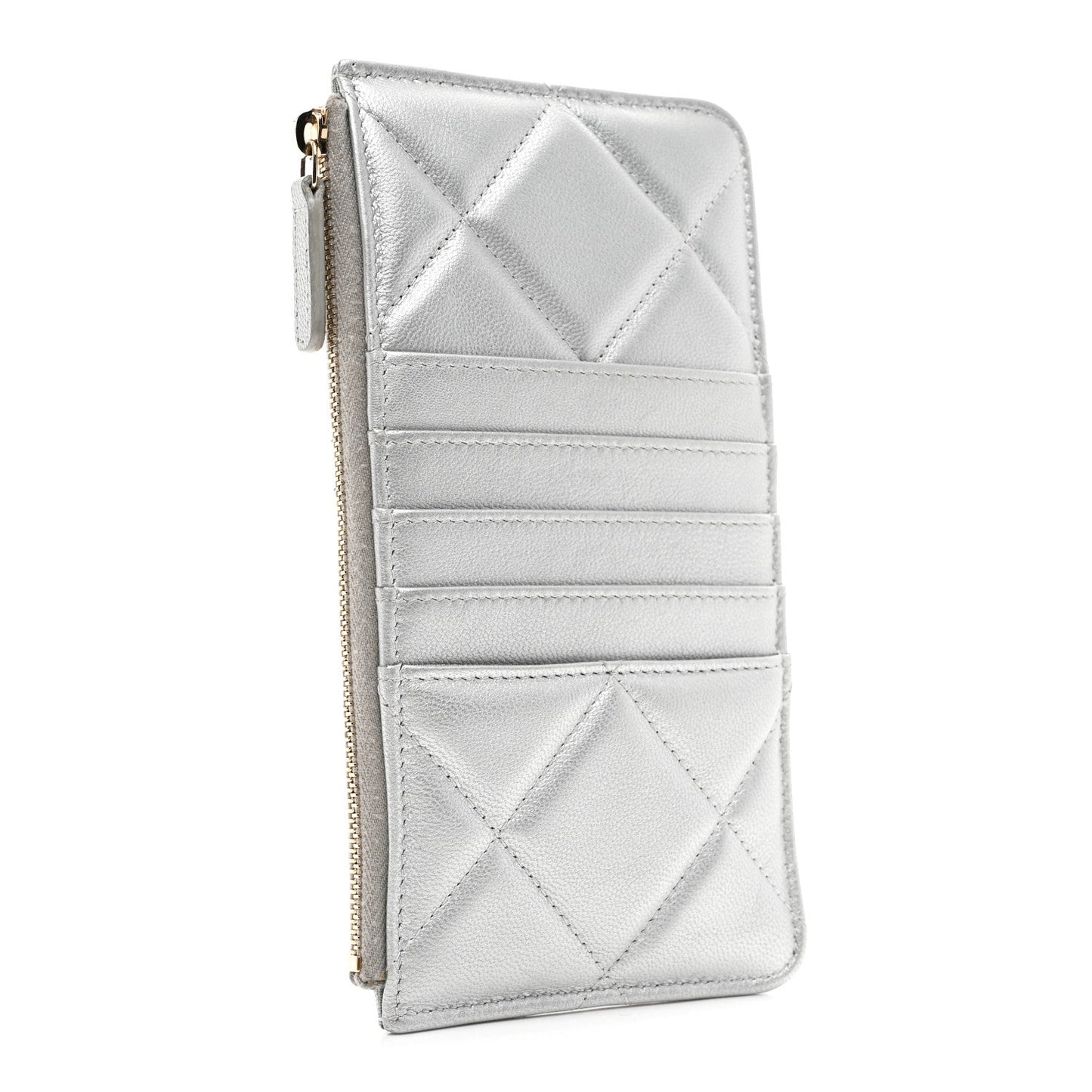 Lambskin Quilted Chanel 19 Phone and Card Holder Silver