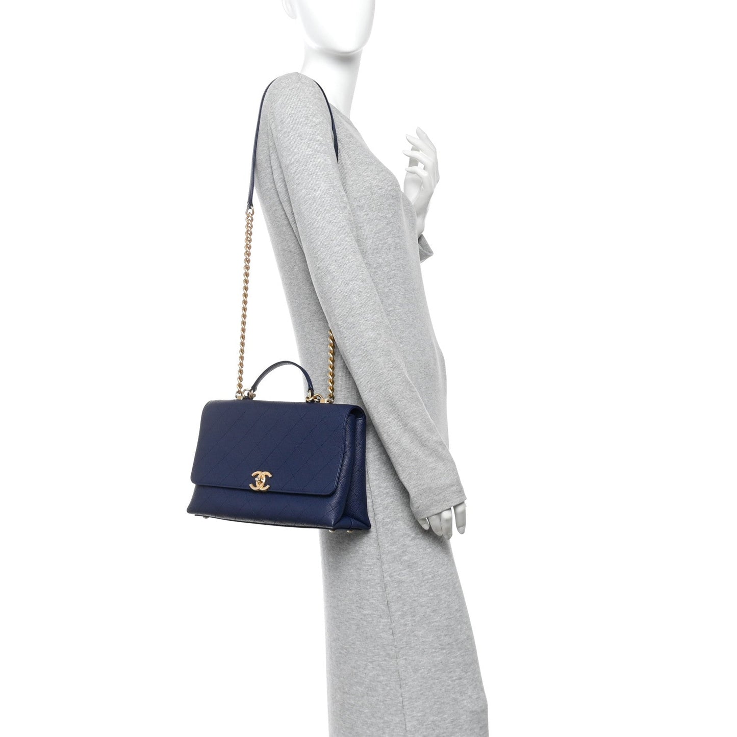 Caviar Diamond Stitched Top Handle Flap Navy