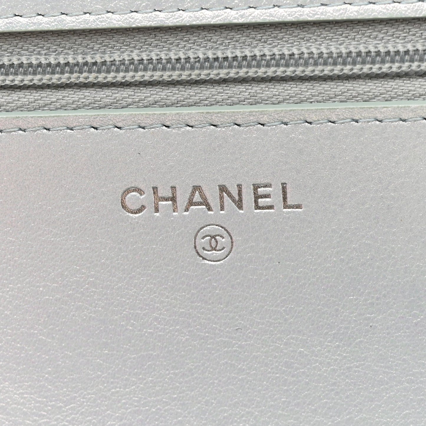 Iridescent Calfskin Quilted Wallet On Chain WOC Light Blue